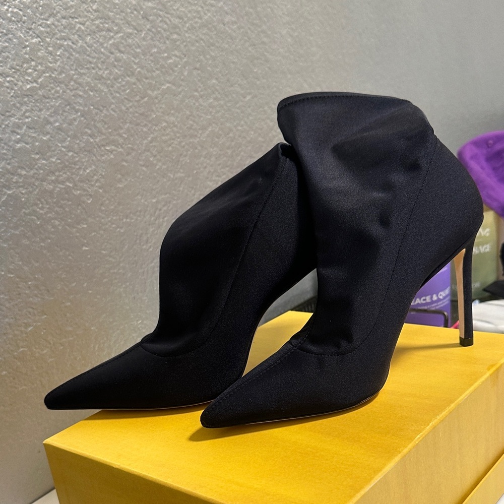 Stuart Weitzman Black Satin Heeled Boots